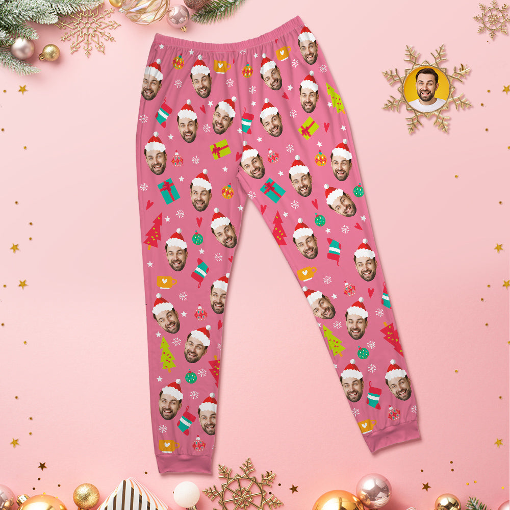 Custom Face Pink Pajamas Personalised Round Neck Funny Christmas Pajamas For Women And Men - MyFaceBoxerUK