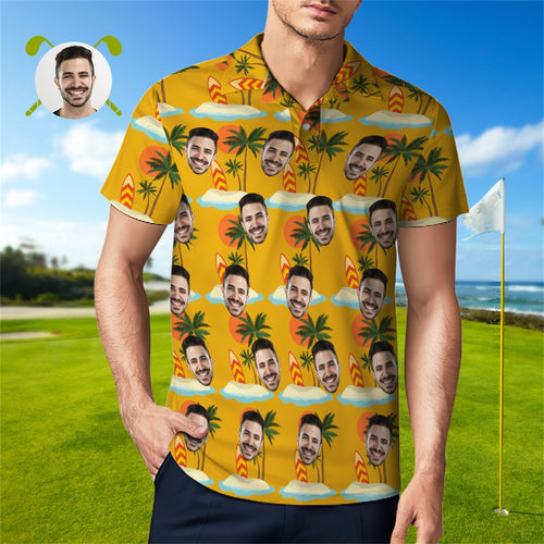 Custom Face Polo Shirt For Men Coconut Tree Beach Shirt Hawaiian Golf Shirts - MyFaceBoxerUK
