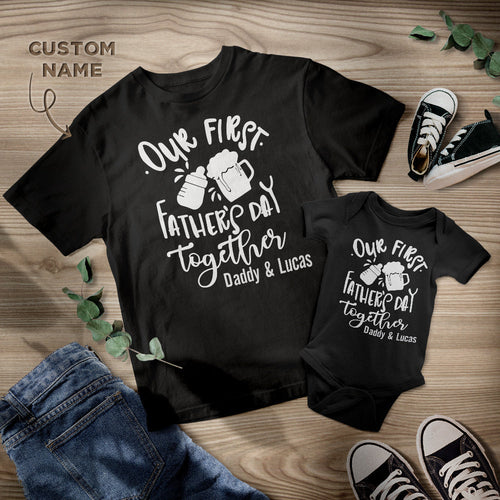 Custom Name Shirt Our First Father's Day Together Gifts For Dad Baby Bottle Daddy And Baby Matching Outfits