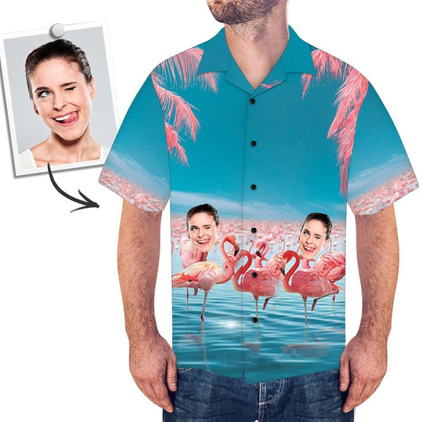 Custom Face Shirt Men's All Over Print Hawaiian Shirt Flamingo and Sea