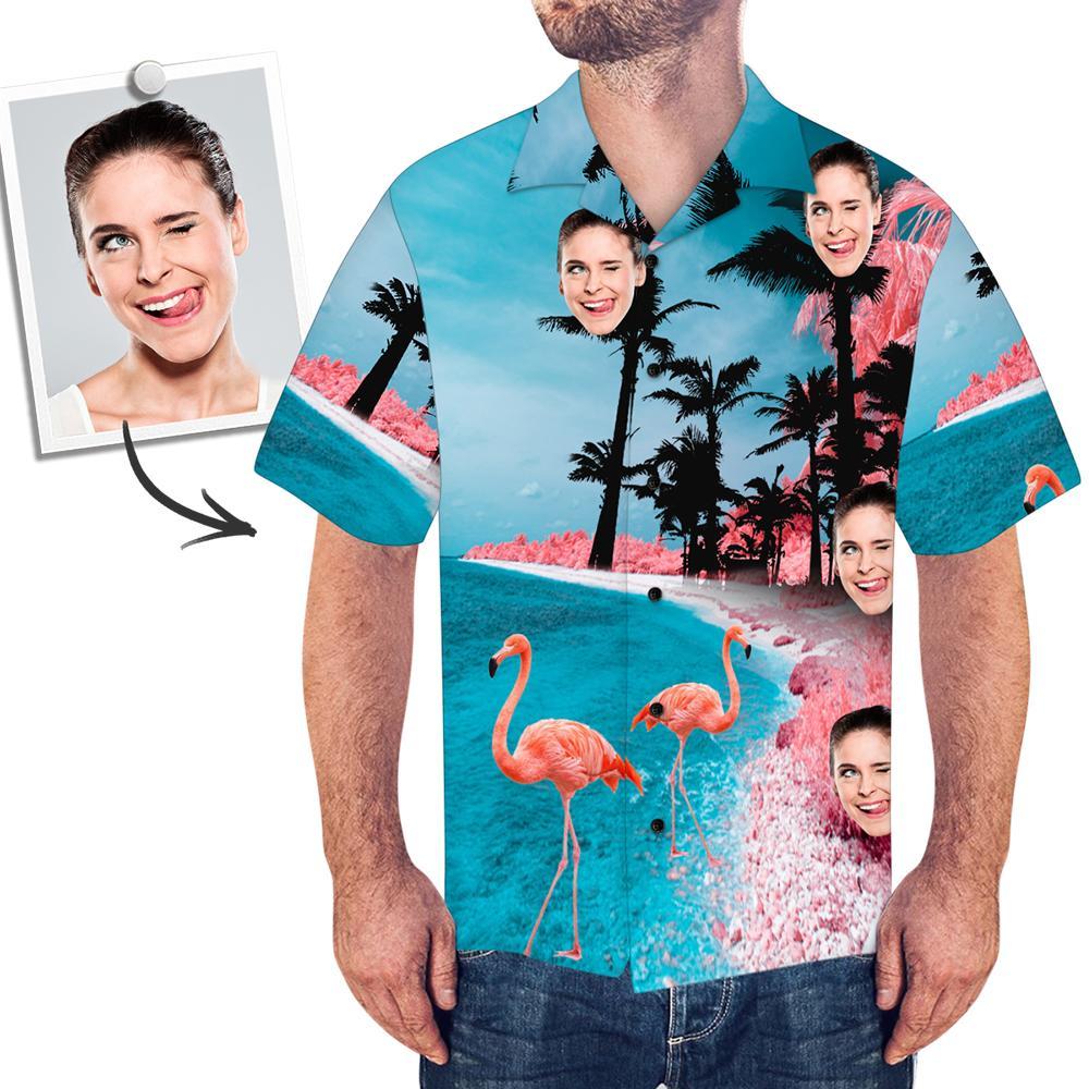 Custom Face Shirt Men's All Over Print Hawaiian Shirt Beach and Flamingo