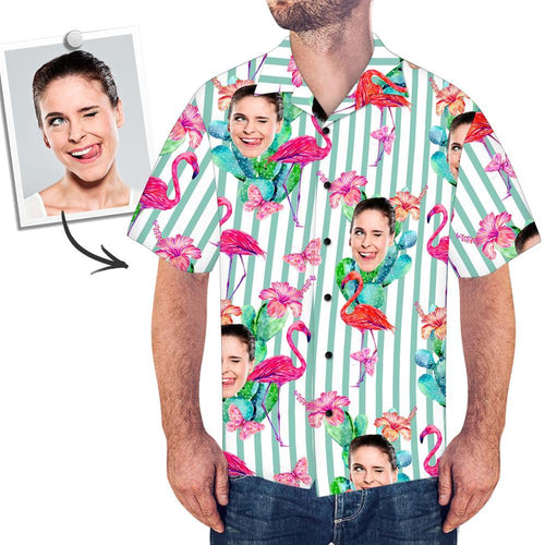 Custom Face Shirt Men's All Over Print Hawaiian Shirt Stripe Flamingo