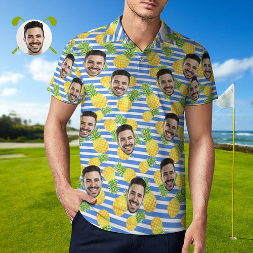 Men's Custom Face Polo Shirt Blue Stripes with Pineapples Personalized Hawaiian Golf Shirts - MyFaceBoxerUK