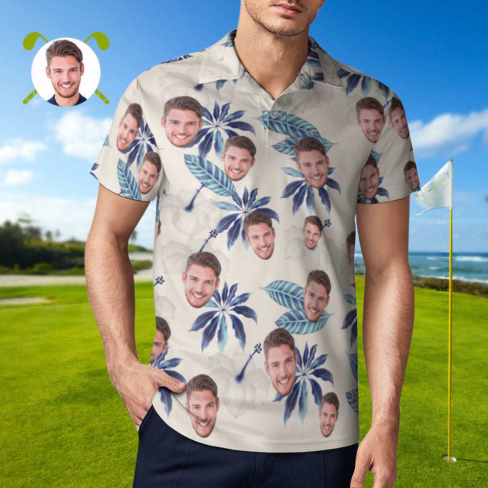 Custom Face Polo Shirt For Men Flowers and Leaves Personalized Hawaiian Golf Shirts - MyFaceBoxerUK