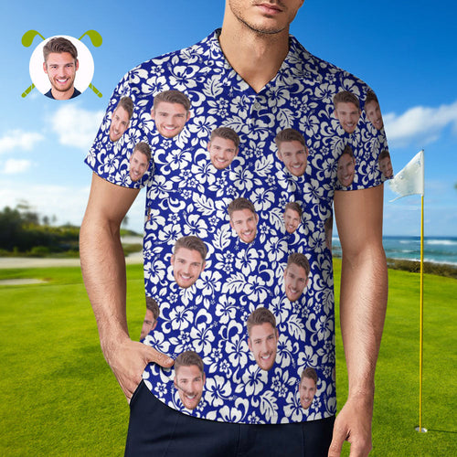 Custom Face Polo Shirt For Men Personalized Blue Hawaiian Golf Shirts - MyFaceBoxerUK