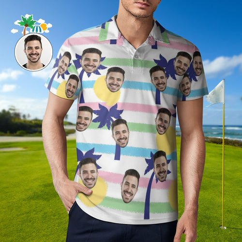 Custom Face Blue Palm Tree Polo Shirt For Men Personalized Hawaiian Golf Shirts - MyFaceBoxerUK