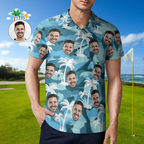 Custom Face White Coconut Tree Polo Shirt Men's Personalized Hawaiian Golf Shirts - MyFaceBoxerUK
