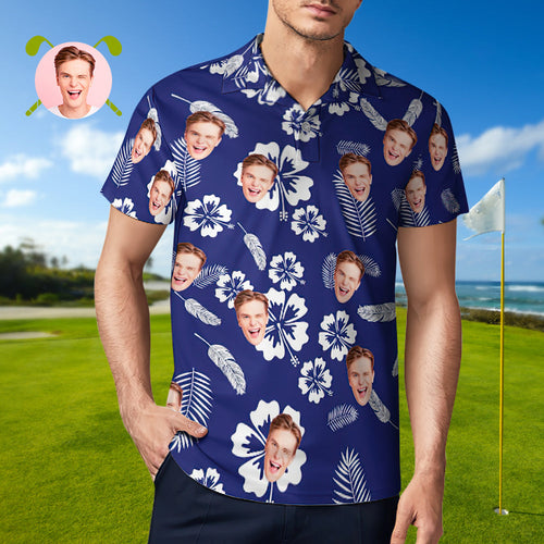 Men's Custom Face Polo Shirt Blue Tropical Vibe Personalized Hawaiian Golf Shirts Gift for Him - MyFaceBoxerUK