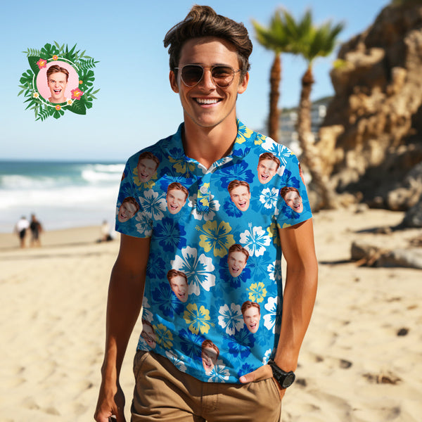 Men's Custom Face Polo Shirt Flowers Bloom Personalized Hawaiian Golf Shirts Gift for Him - MyFaceBoxerUK