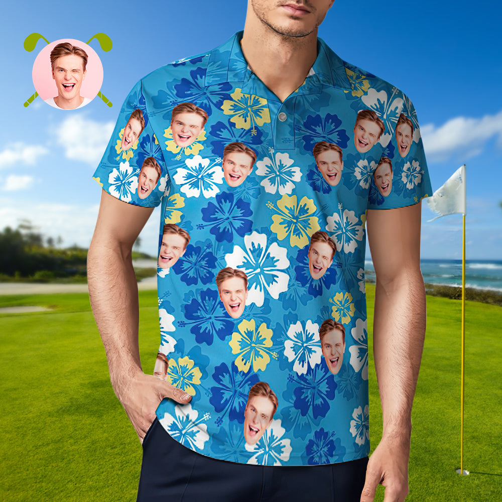 Men's Custom Face Polo Shirt Flowers Bloom Personalized Hawaiian Golf Shirts Gift for Him - MyFaceBoxerUK