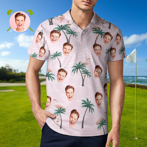 Men's Custom Face Polo Shirt Pink Flamingos Personalized Hawaiian Golf Shirts Gift for Him - MyFaceBoxerUK