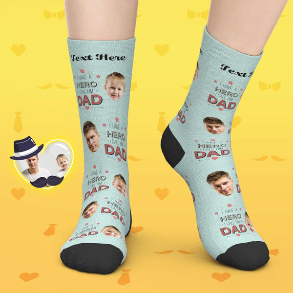 Gifts for Dad, Custom Face Socks Add Pictures And Name - I Have a Hero I Call Him Dad