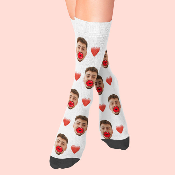 Custom Face Socks AR View Heart and Red Lips Socks Valentine's Day Gift - MyFaceBoxerUK