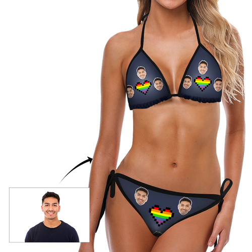 Custom Head Photo Rainbow Heart Bikini Sexy Suit