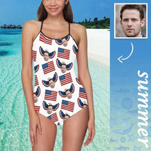Custom Face Swimwear Women's Photo Slip One Piece Swimsuit- USA Flag With Bald Eagle