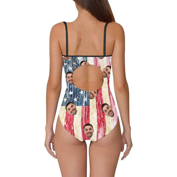 Custom Face Swimwear Women's Photo Slip One Piece Swimsuit- Artistic USA Flag