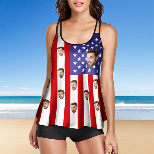 Custom Face Swimwear American Flag Tankini Bathing Suit for Women 2 Piece Swmsuit - MyFaceSwimsuit