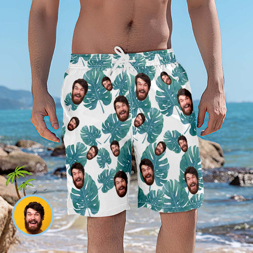 Men's Custom Face Beach Trunks Photo Shorts - Green Leaves - MyFaceBoxerUK