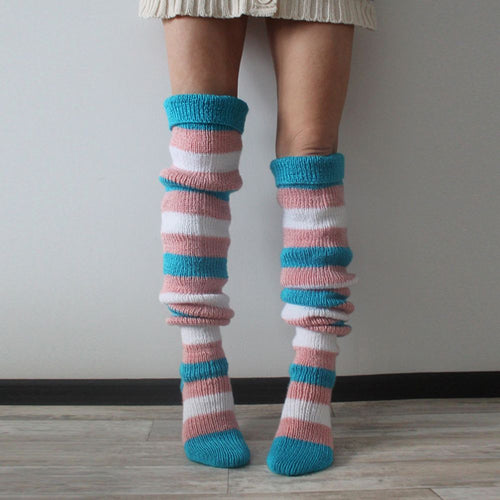 Women Winter Leg Warmers Striped Over The Knee Knitted Pile Socks - MyFaceBoxerUK