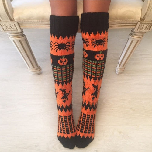 Halloween Orange Spider Witch Pumpkin Over The Knee Tube Pile Of Womens Socks - MyFaceBoxerUK