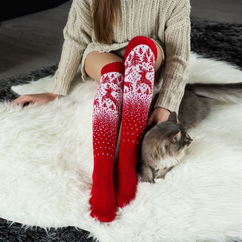 Women Winter Leg Warmers Knit Socks Christmas Elk Red Long Wool Over The Knee Pile Socks - MyFaceBoxerUK