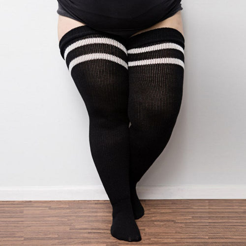 Women Winter Leg Warmers Large Size Three Bars Striped Fashion Long Tube Over Knee Pile Socks - MyFaceBoxerUK