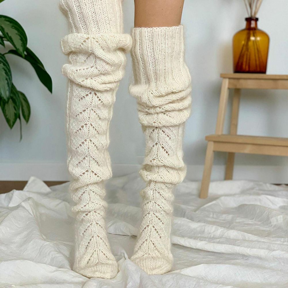 Winter Solid Color Hollow Mesh Long Tube Over The Knee Pile Socks Womens Knitted Socks - MyFaceBoxerUK