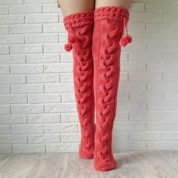 Knitted Garter Hair Ball Over The Knee Long Stockings Pile Pile Wool Socks Women - MyFaceBoxerUK